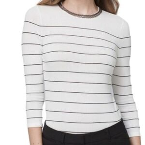 White House Black Market Beaded Neckline Striped Blouse